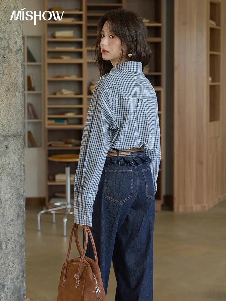 MISHOW Blue Plaid Cotton Shirt Doll Collar Dropped Shoulder MXE44C2391