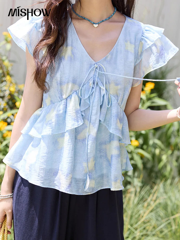 MISHOW Women's Blue Double-Layer Ruffled Linen V-Neck Blouse MXE33X1819
