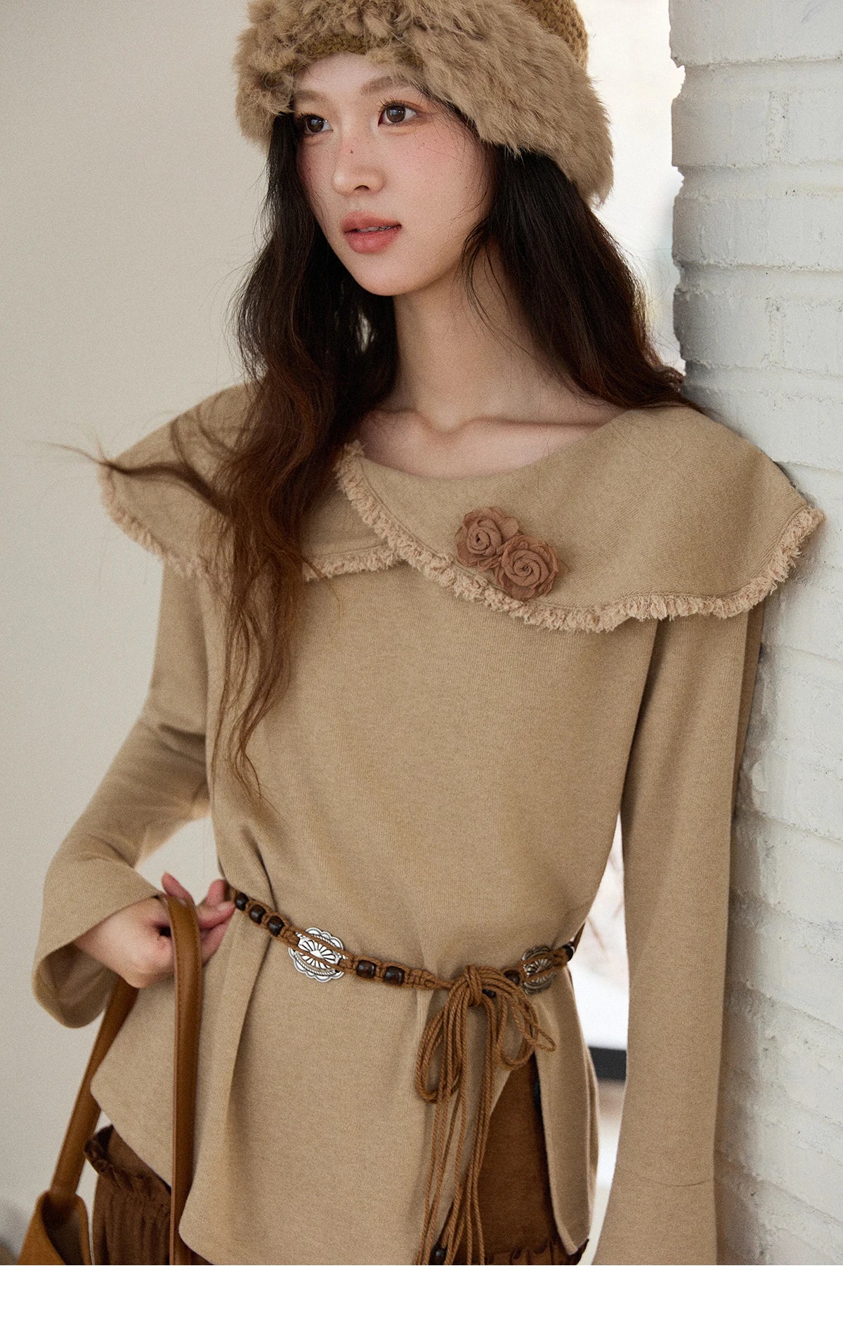 Mishow Retro Brown 3D Flower Decoration Round Neck Top MXE51Z2593
