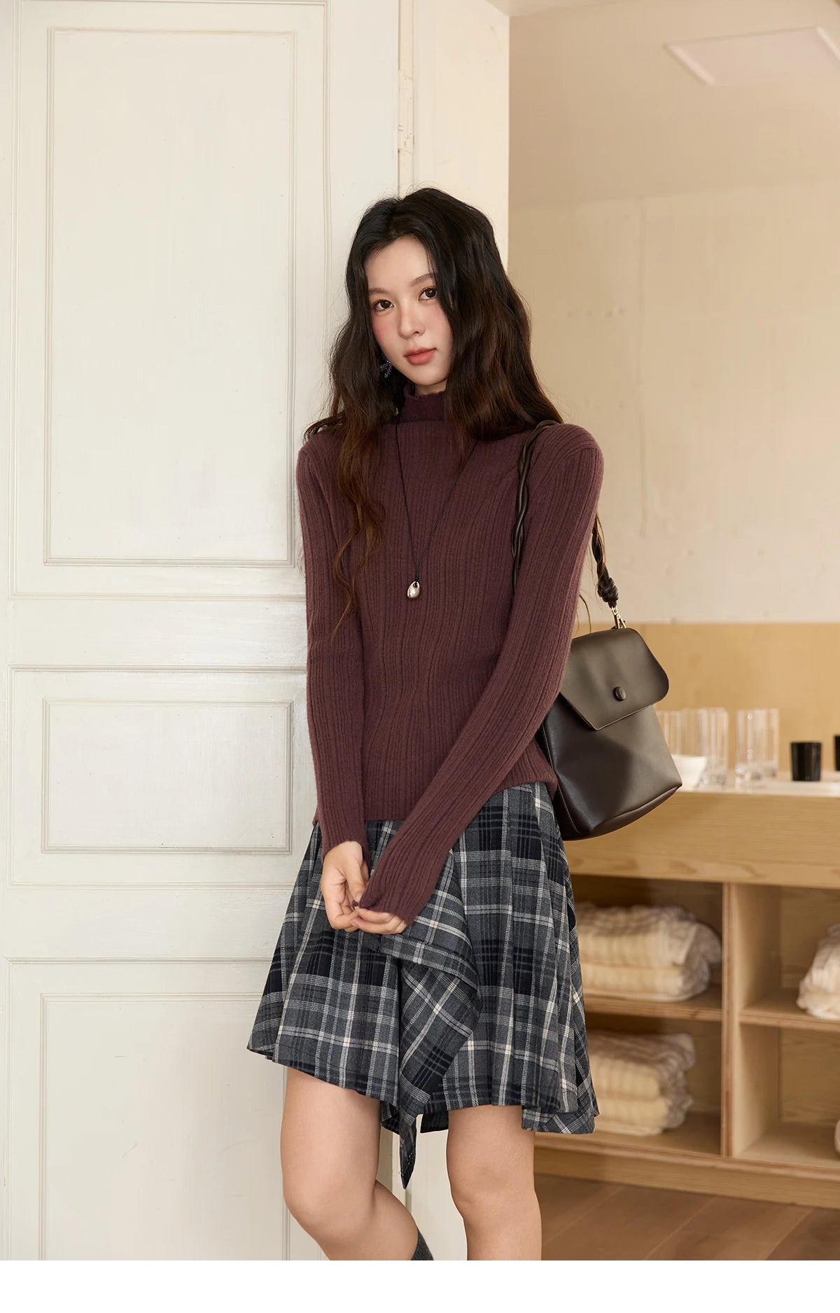 Mishow Solid Turtleneck Vertical Ribbed Slim Top MXE86Z2656