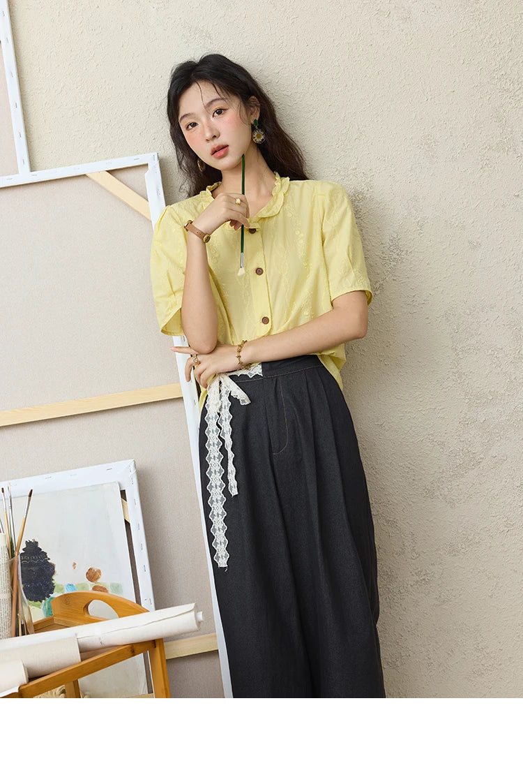 MISHOW 100% Cotton Puff Sleeve Shirt Round Neck Button MXE36X1873