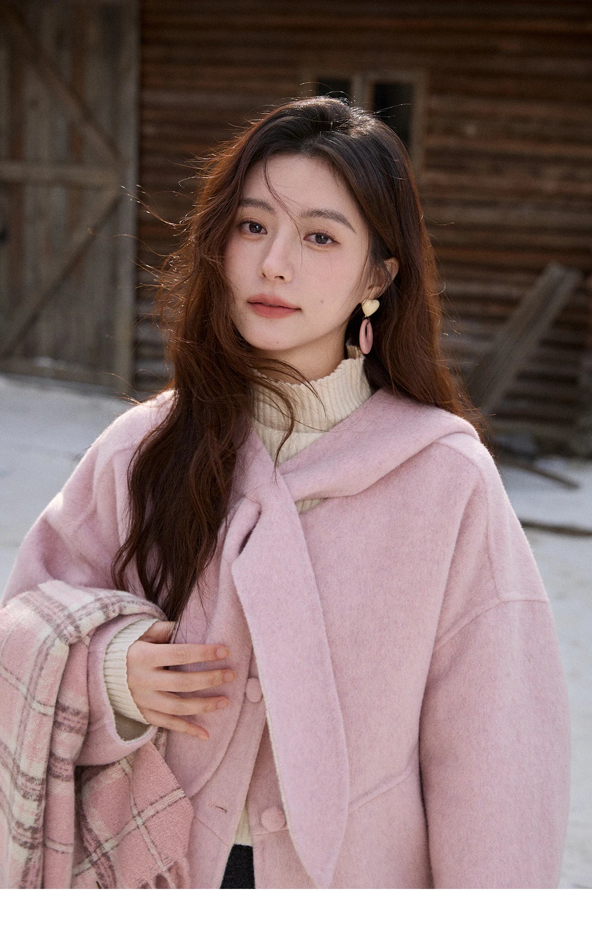 Mishow Pink Wool Hooded Bow Tie Strap Coat MXE91W1010