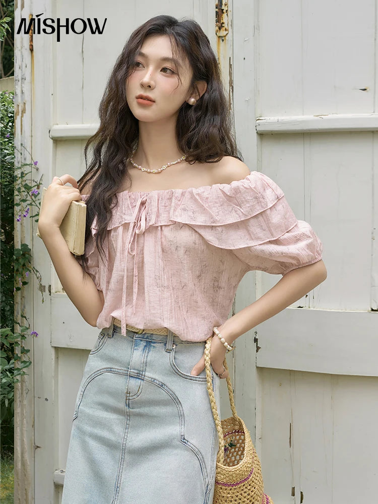 MISHOW French Retro Floral Blouse One Shoulder Ruffled Edge Lace Up MXD25X1520