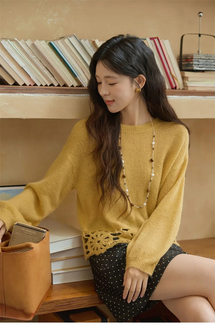 Mishow French Hollow Out Floral O-Neck Sweater MXE44Z2491