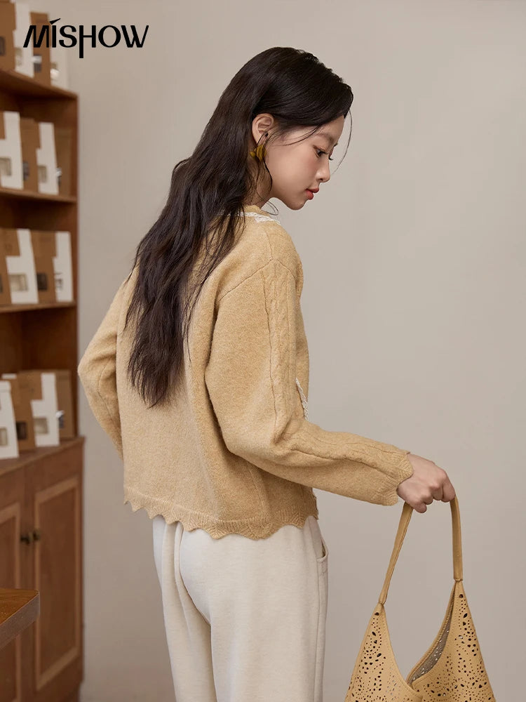 Mishow Yellow Lace Stitching Cable Knit Cardigan MXE51Z2546