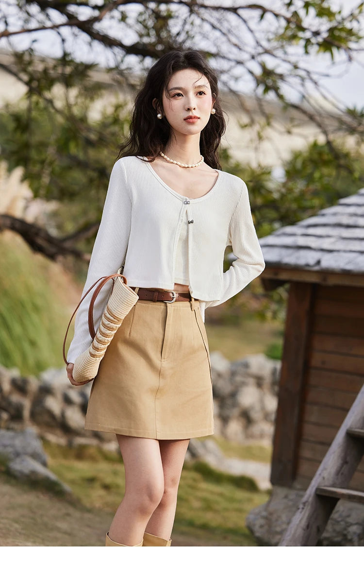 Mishow Khaki Diagonal Insert Pocket A-Line Skirt MXE13B0694