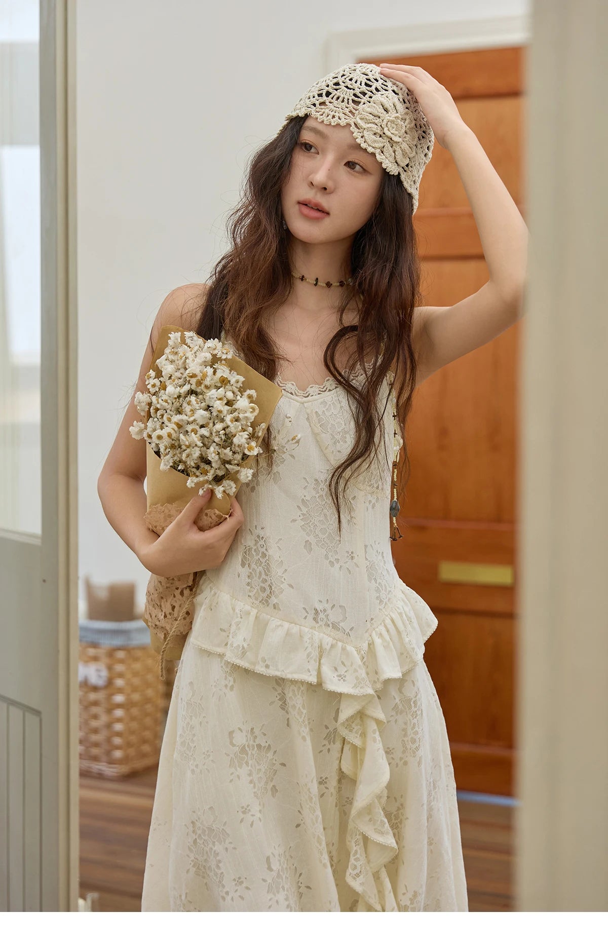 MISHOW Bohemian Apricot Lace Ruffle Tassel Dress MXE43L2449