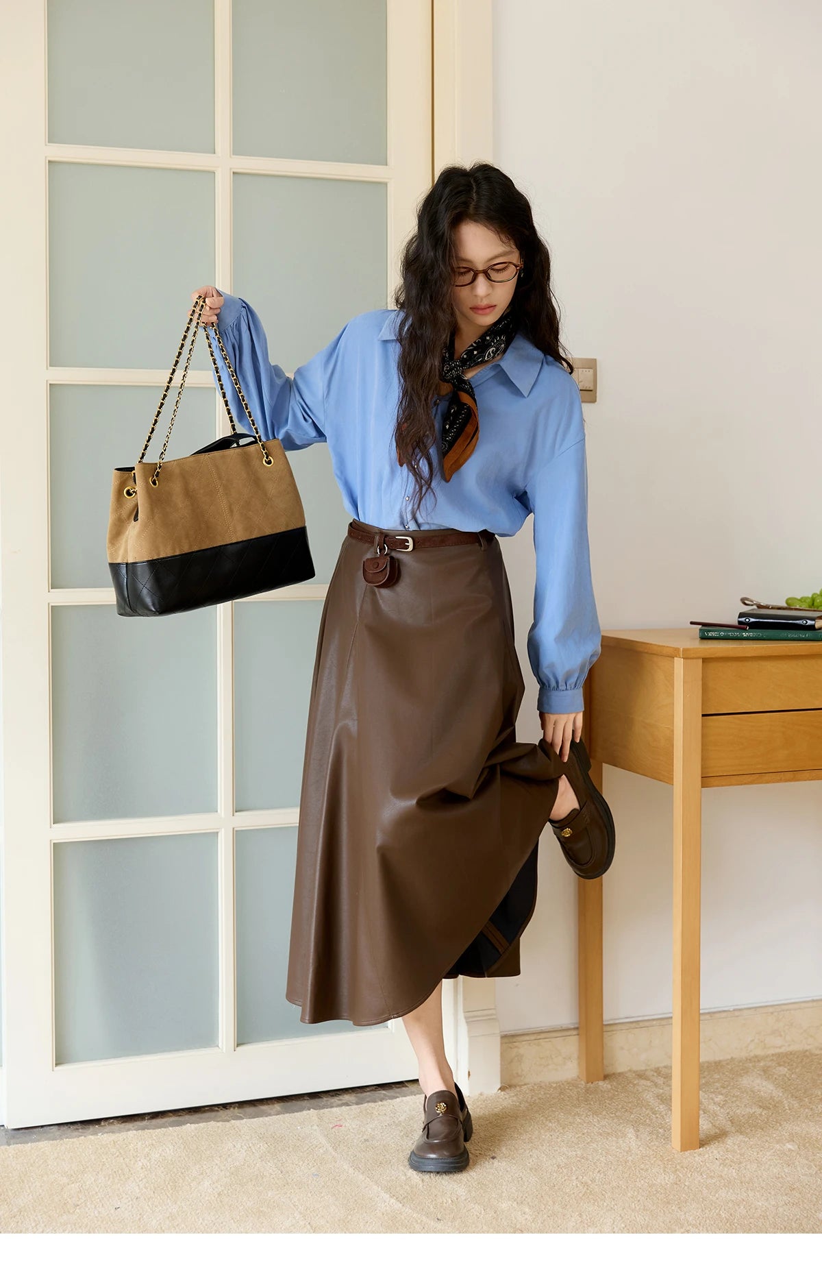 MISHOW PU Leather A-Line Skirt High Waist Retro Coffee MXE45B2412