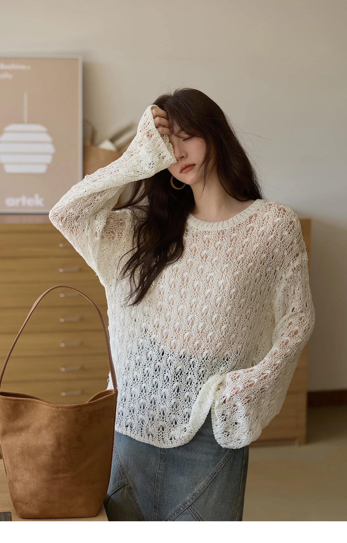 Mishow Hollow Jacquard Dropped Sleeve Sweater MXE43Z1360