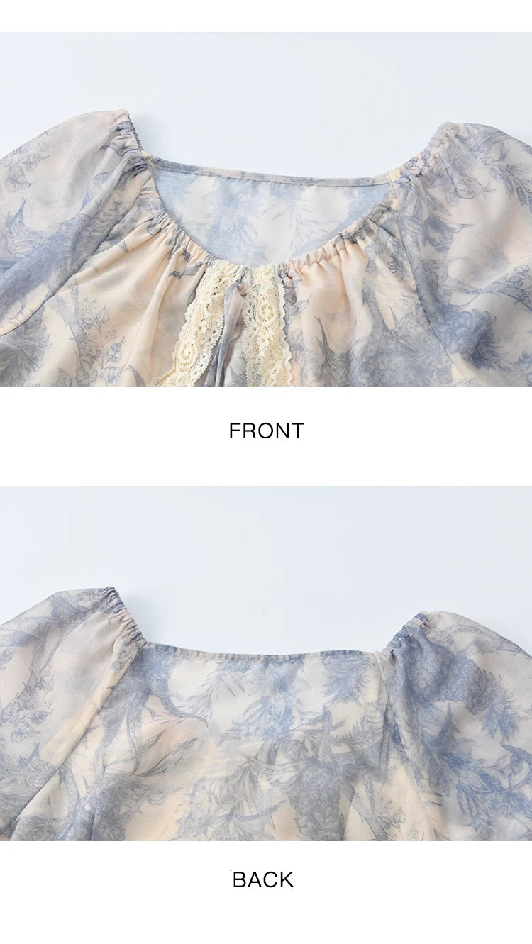 Mishow Blue Floral Lace Panel Drawstring Dress MXE45L2507