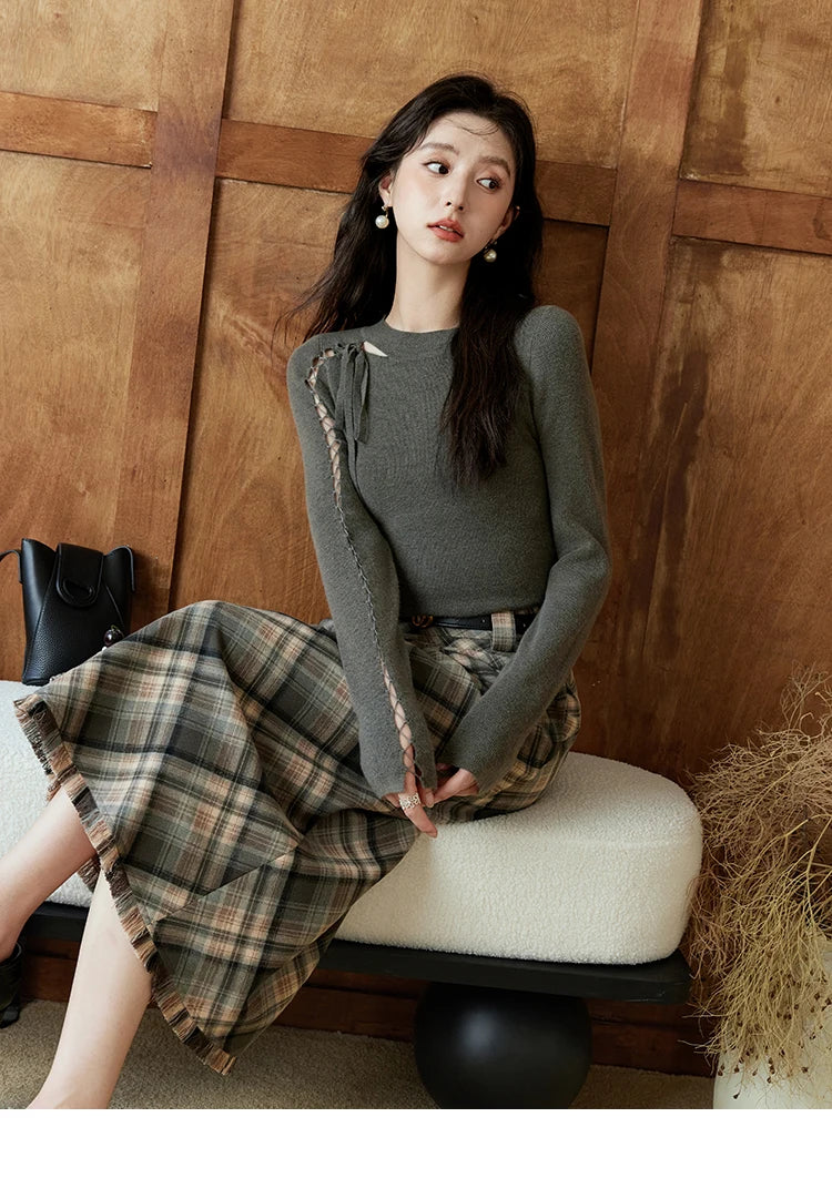Mishow Hollow Tie Design Bottoming Knit Sweater MXD45Z0766