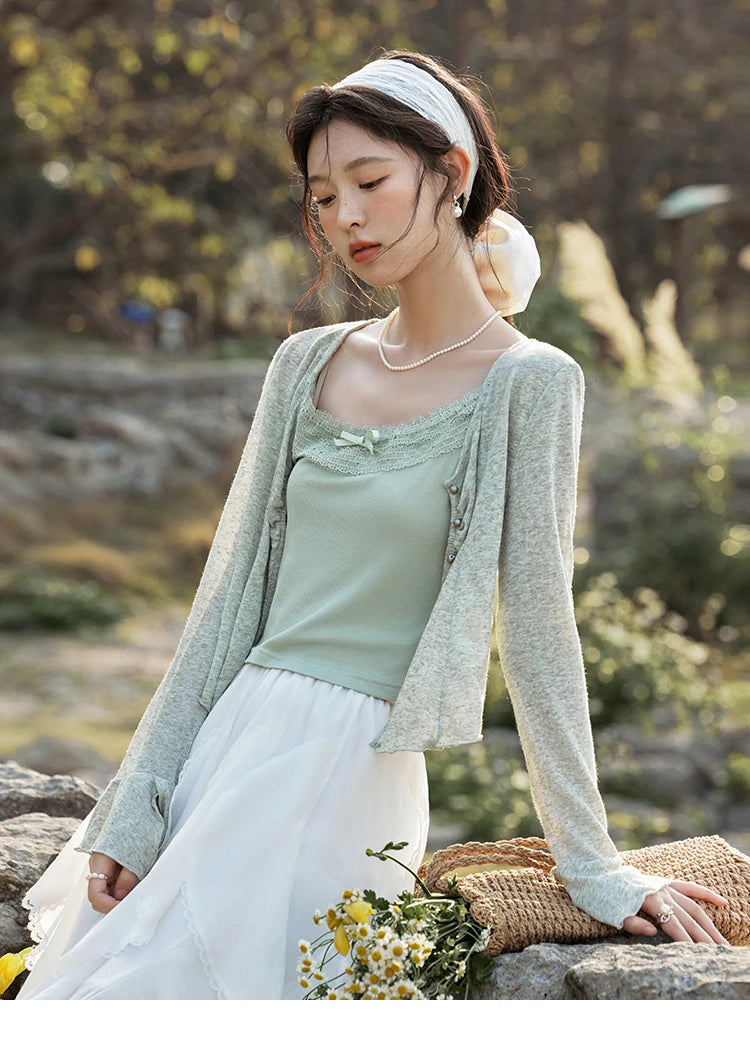 Mishow Light Green Lace Bow Camisole & Cardigan Set MXE15T0504