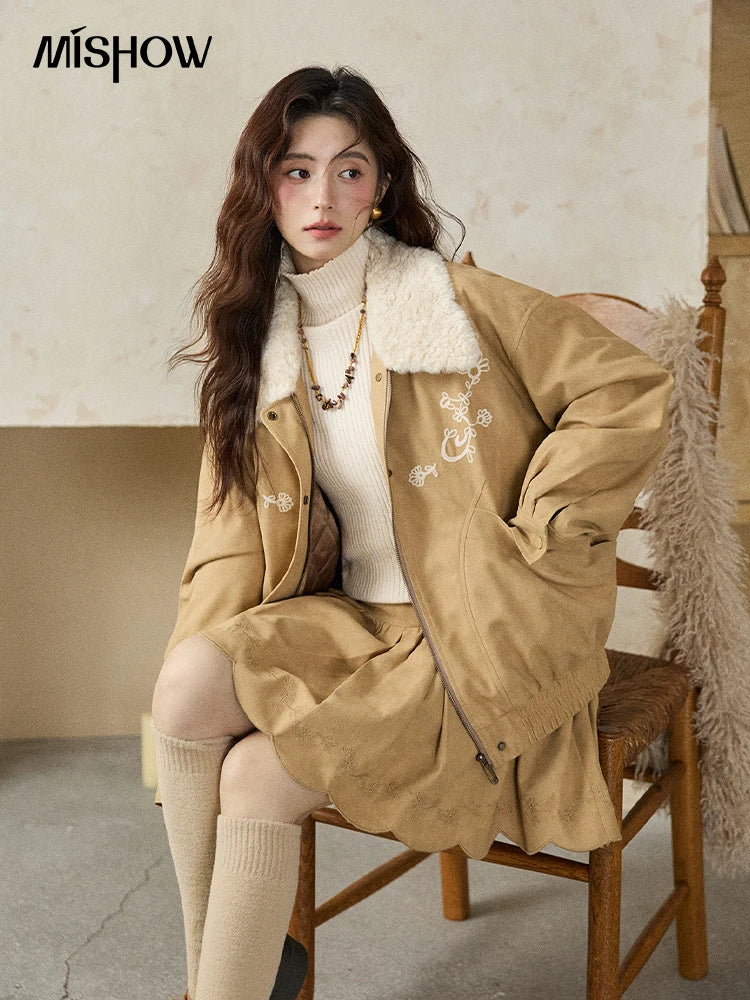 Mishow French Yellow Floral Embroidered Plush Zip-Up Coat MXE87W0932