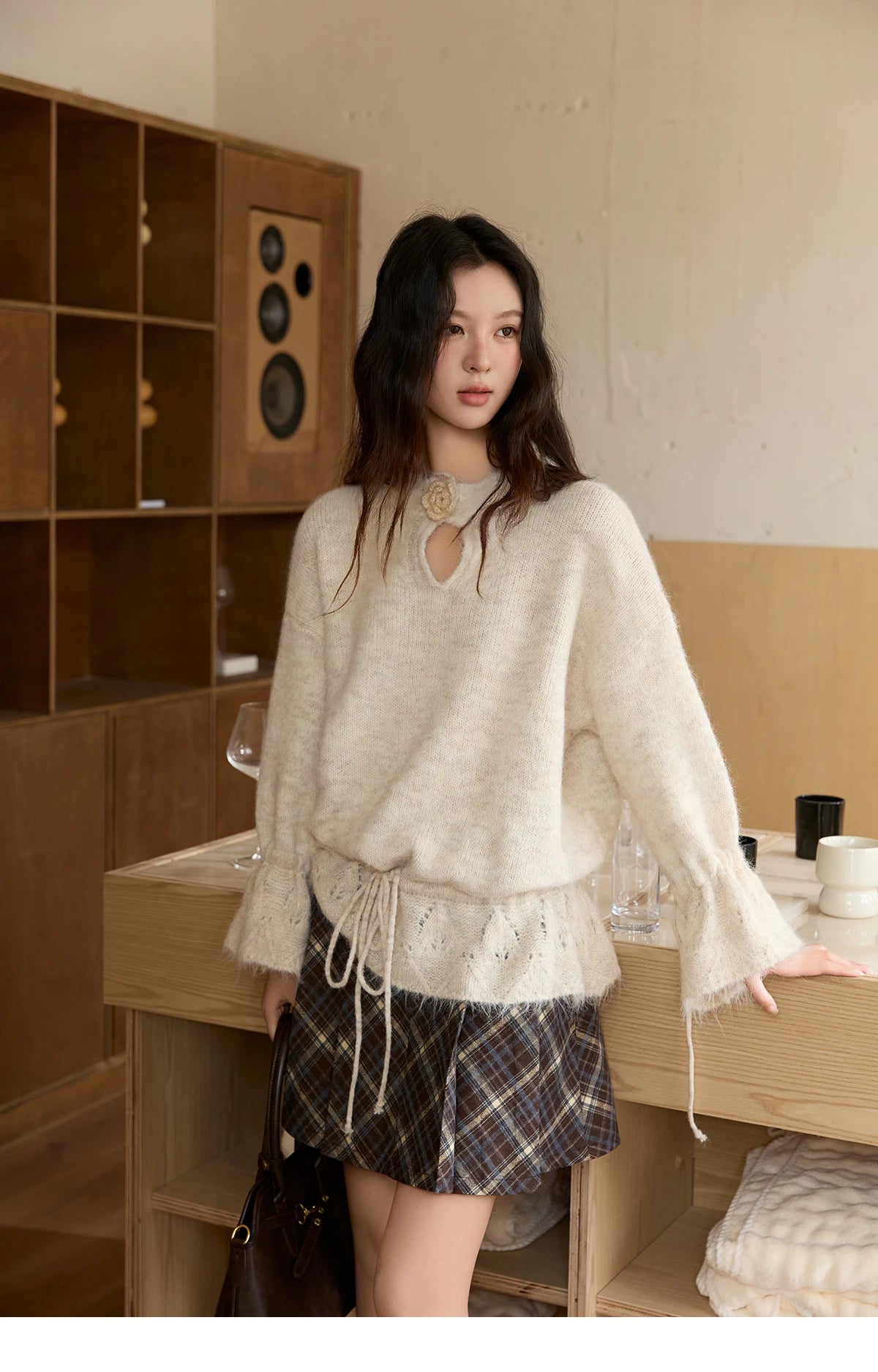 Mishow Apricot Drawstring 3D Flower Hollow Sweater MXE88Z2709
