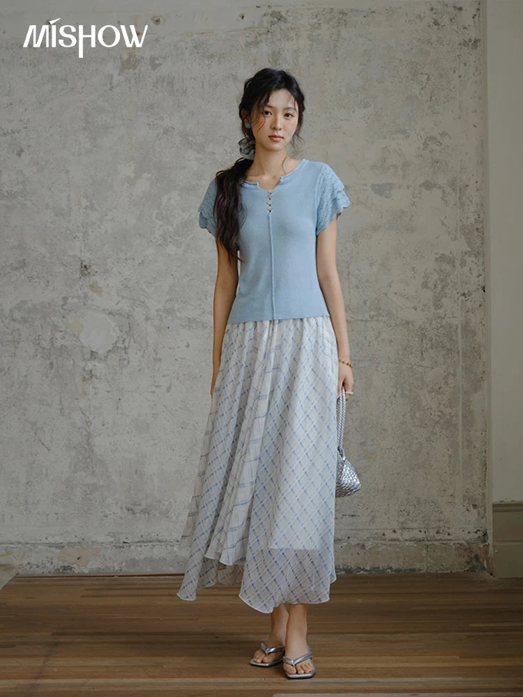 MISHOW Patchwork Plaid Chiffon Half Skirt High Waist A-Line MXE34B0739