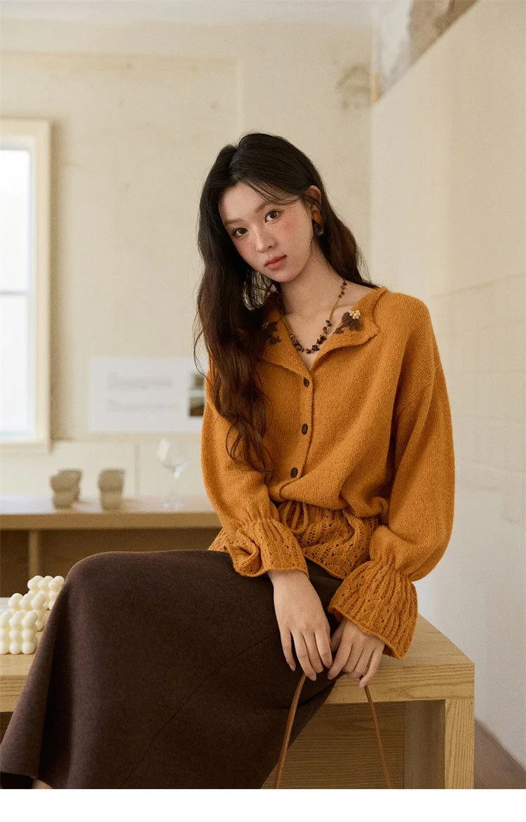 Mishow Orange Openwork Crochet Flared Sleeve Cardigan MXE87Z2685