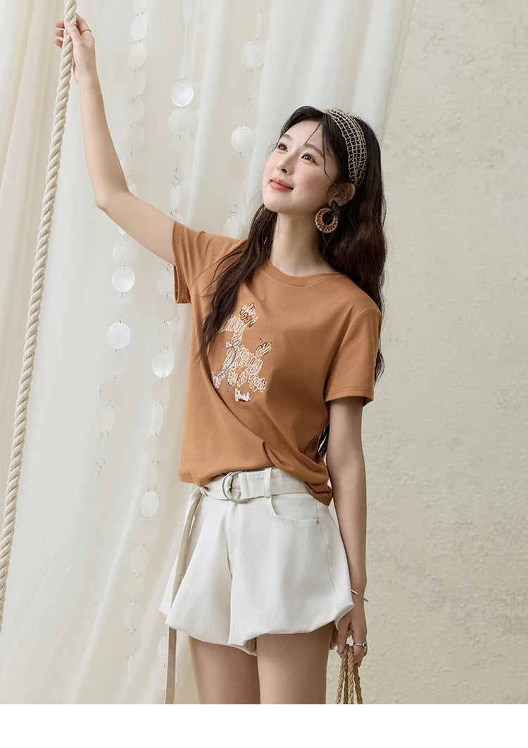 Mishow Cartoon Print Loose Embroidery Tee MXE31T0550