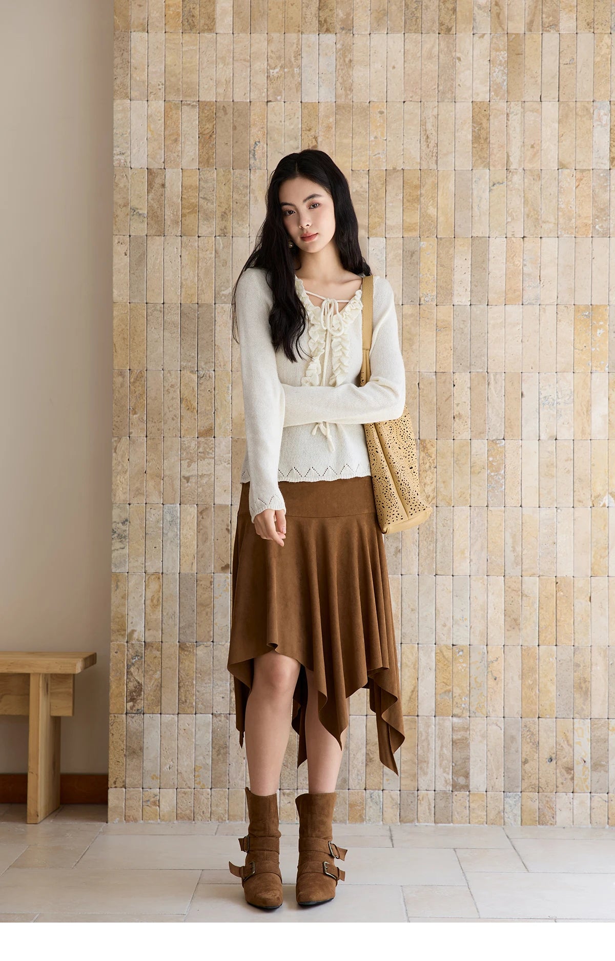 Mishow Beige V-Neck Wood Ear Hollow Sweater MXE51Z2595