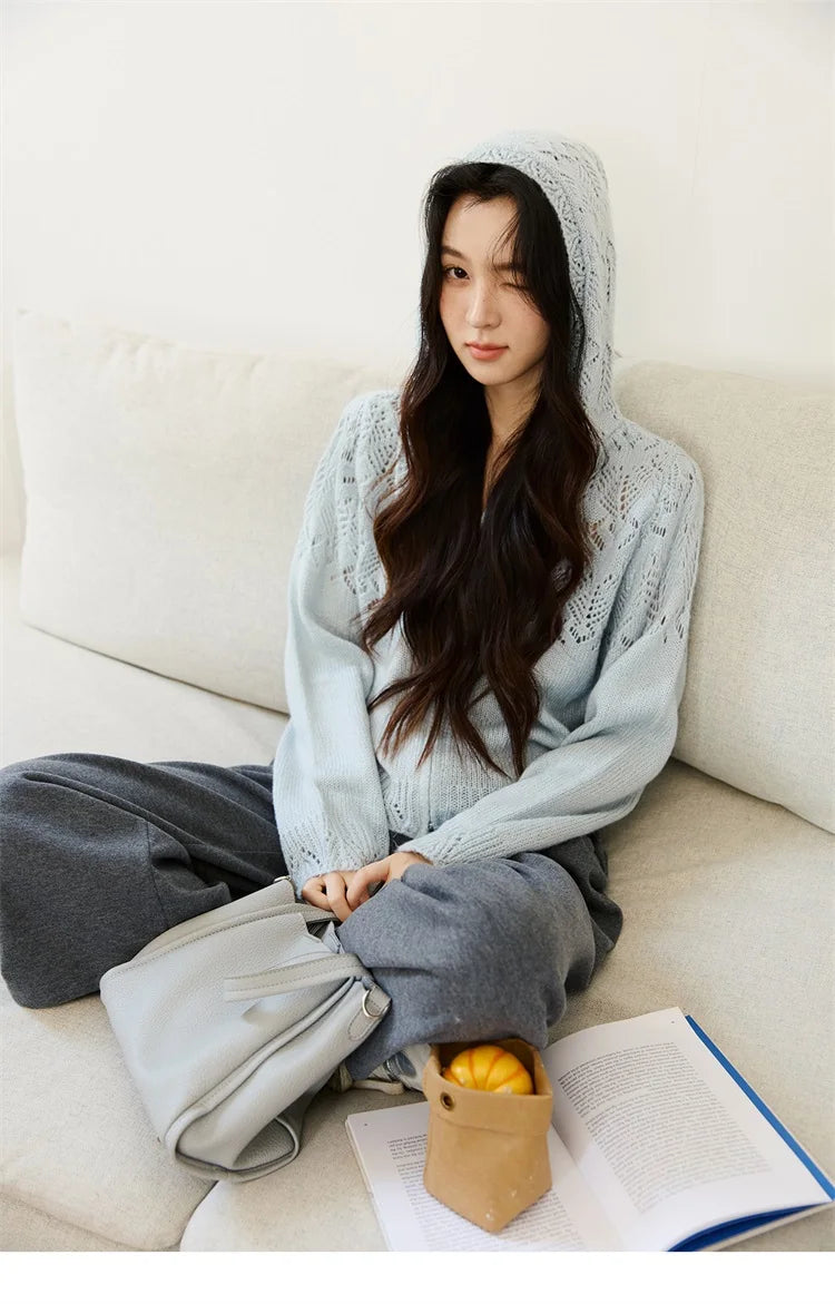 Mishow Blue Hooded Hollow Knit Zipper Cardigan MXE46Z2584