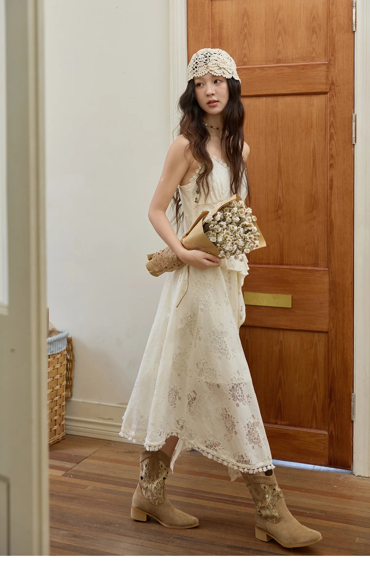 MISHOW Bohemian Apricot Lace Ruffle Tassel Dress MXE43L2449