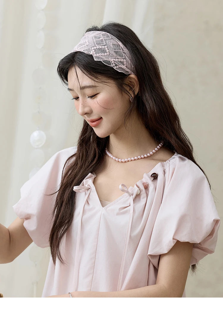 MISHOW V-Neck Puff Sleeve Blouse Beaded Retro Top MXE33X1757