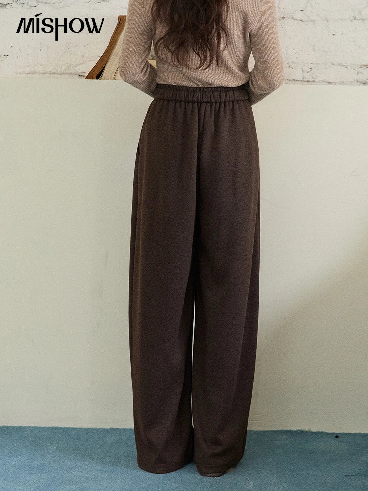 MISHOW Brown Wide-Leg Pants Thickened Drawstring Waistband MXE87K1126