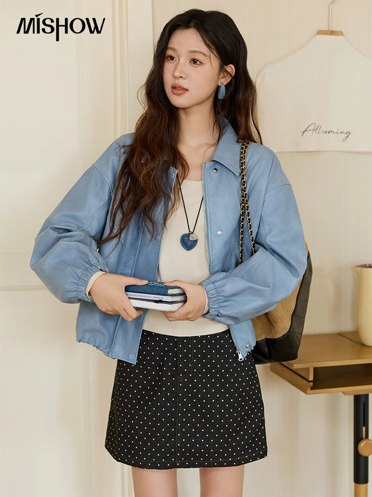 MISHOW Blue Short Jacket Hip-Hop Style Loose Zipper Pu Leather MXE45W0822