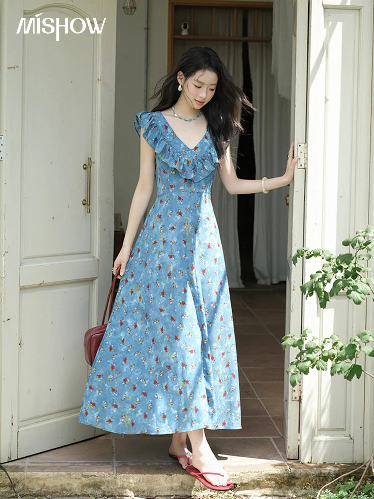 MISHOW Floral V-Neck Lace-Up Flying Sleeve Dress MXE39L2436