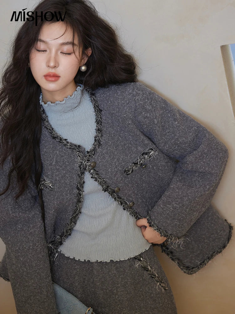 Mishow Plaid Tweed Jacket & Solid Shorts Set MXD35W0489