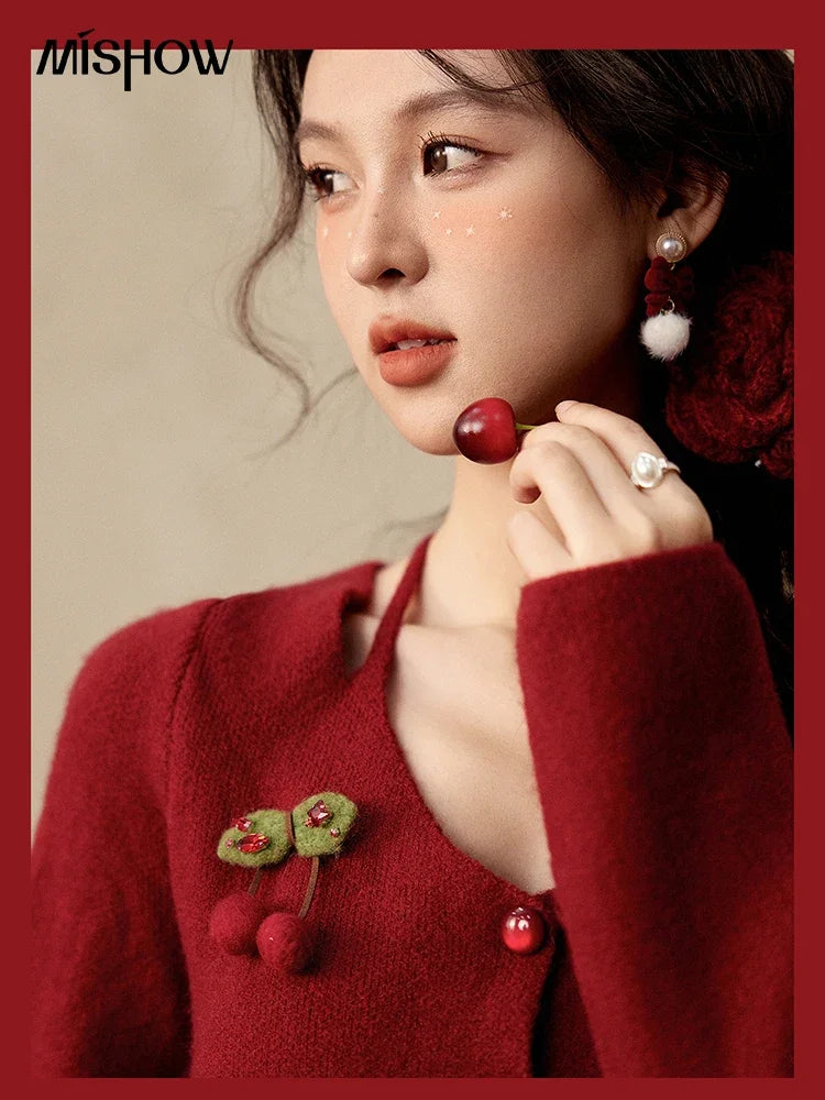 Mishow Red Cherry Ornament Slim V-Neck Cardigan MXD112Z1006