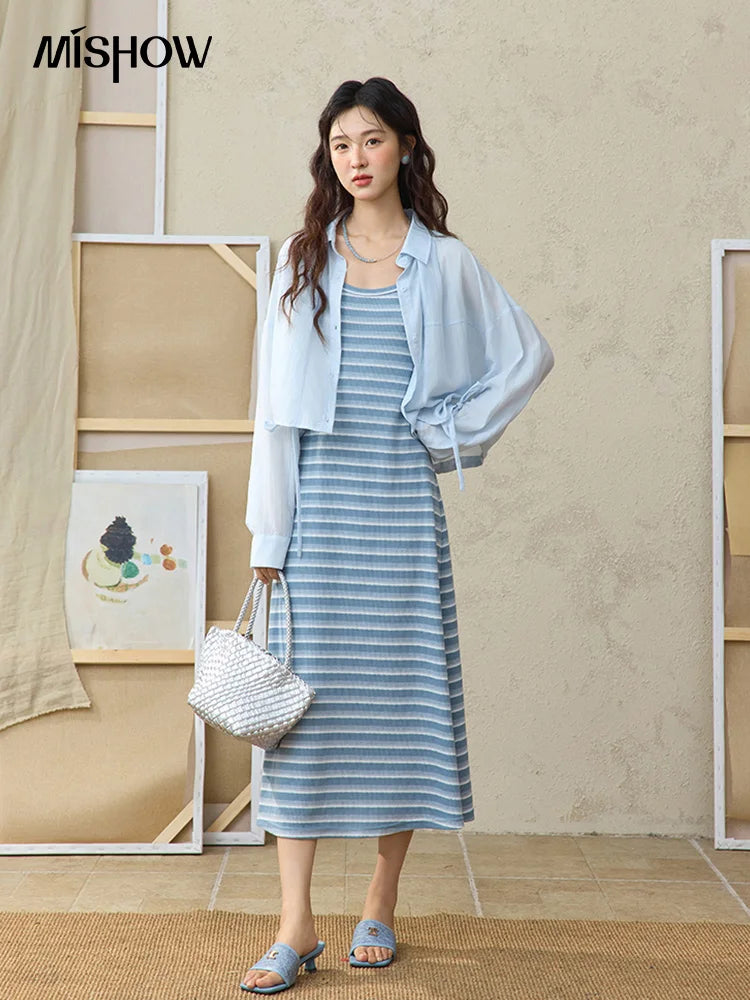 Mishow Blue Striped Camisole Dress & Lyocell Shirt Set MXE34L2285