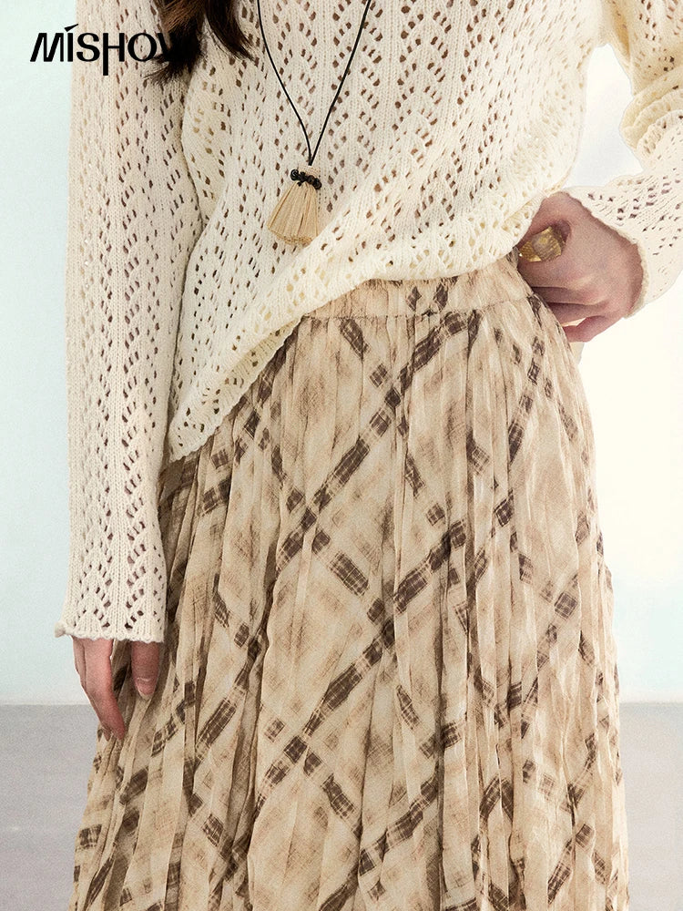 MISHOW Beige Plaid Maxi Skirt High Waist Flowy Elastic MXF108B0769