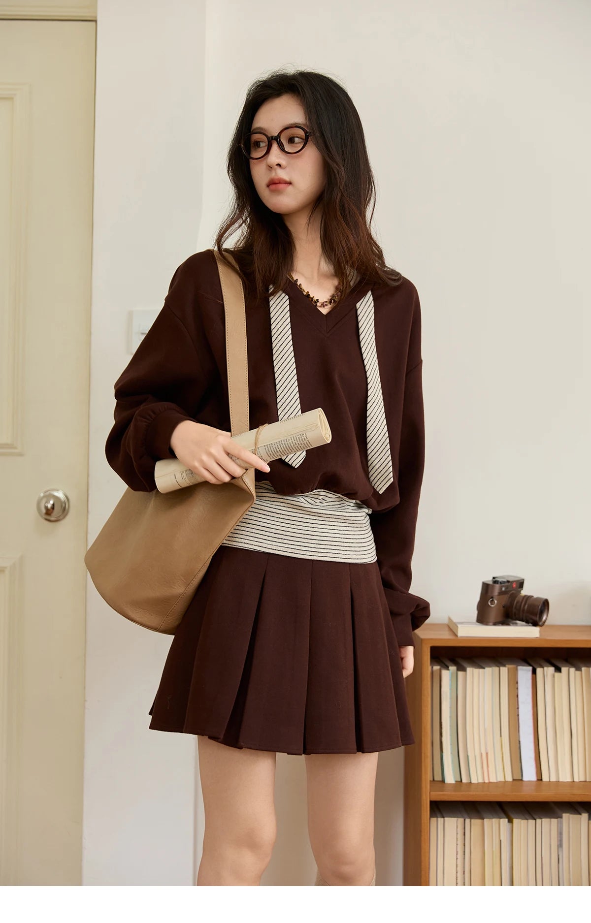 Mishow Retro Brown V-Neck Sweatshirt & Pleated Skirt Suit MXE47T1415