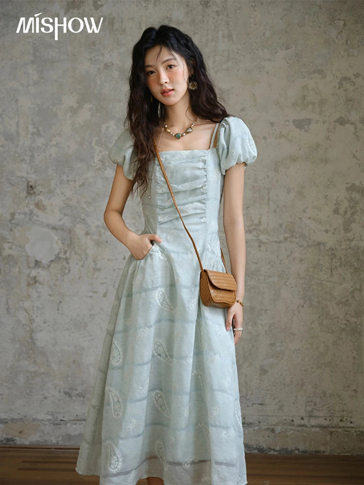 Mishow Embroidery Square Neck Puff Sleeve Dress MXE34L2265
