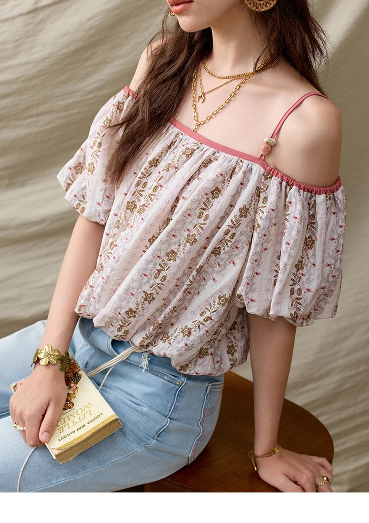 MISHOW One-Shoulder Floral Blouse Short Sleeve Contrast MXE31X1767