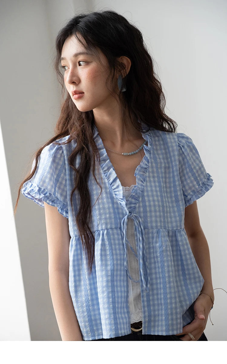 MISHOW Plaid Blue Fake Two Piece Blouse Puff Sleeve V-Neck Lace Up MXE37X1901