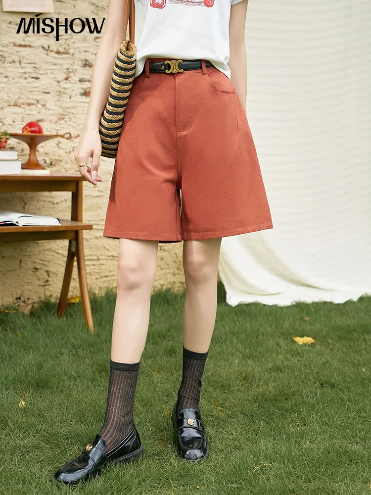 MISHOW Red Casual Shorts High Waist Loose Straight Leg Pockets MXD25K0679
