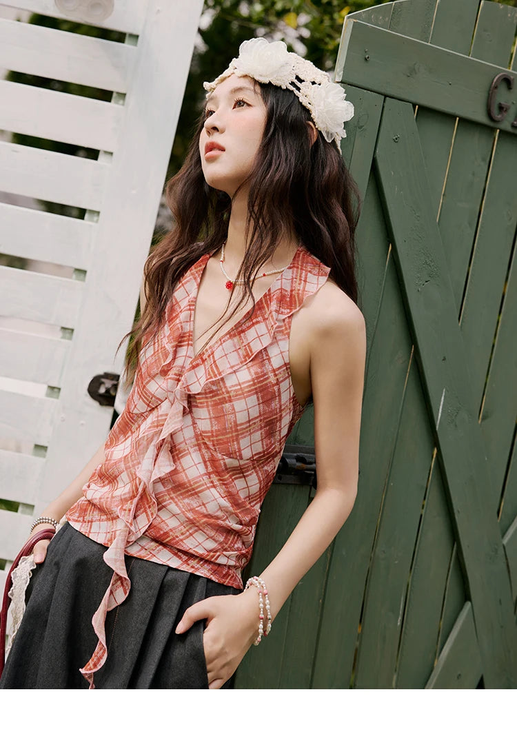 MISHOW French Retro Red Grid Hanging Neck Blouse Ruffled Edges Backless MXE34X1785