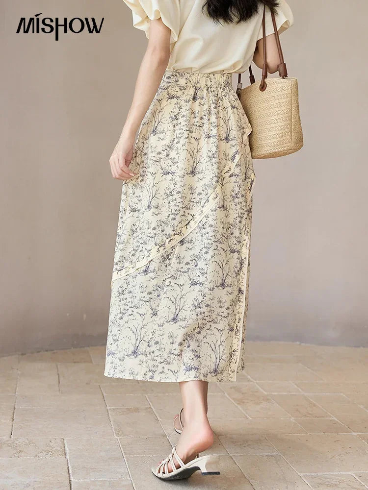 MISHOW Retro Floral Midi Skirt Side Split High Waist Elastic MXC37B0044