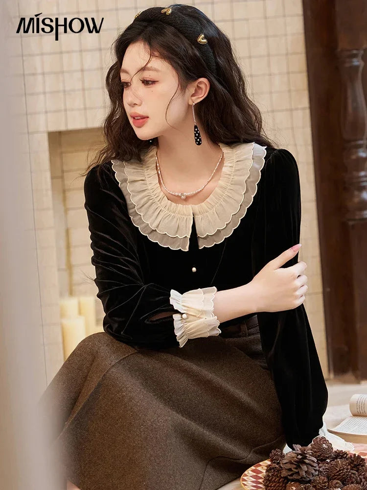MISHOW French Retro Velvet Blouse Button Down O Neck MXC51X1323