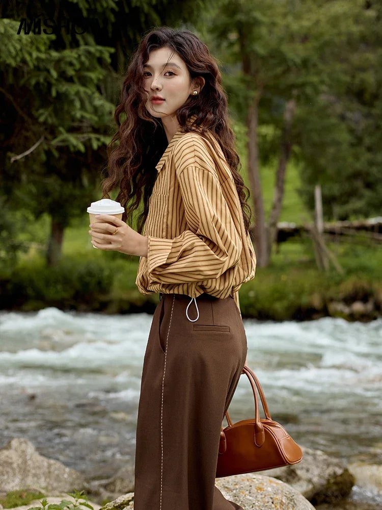 MISHOW Loose Lapel Stripe Fake Two Piece Shirt Asymmetric Pocket MXD43C0303