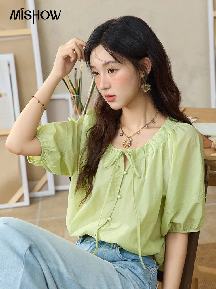 MISHOW Round Neck Blouse Lace Up Puff Sleeve MXE36X1875