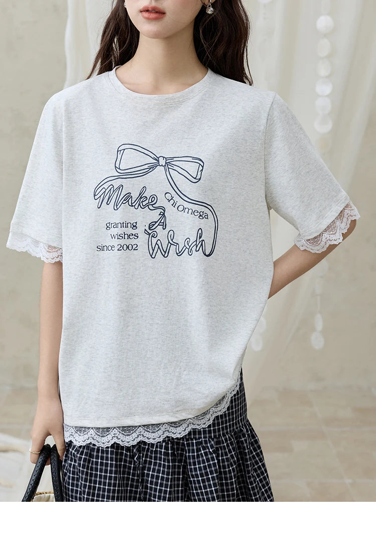 Mishow Print Lace Bow Detail Tee MXE32T0554