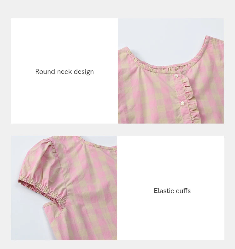 MISHOW Pink Plaid Puff Sleeve Shirt O-Neck Button MXE39X1932