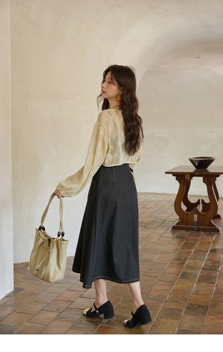 Mishow Lantern Sleeve Cardigan & Denim Strap Dress Set MXE41T0704