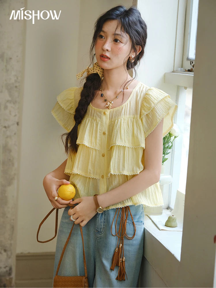 MISHOW Butterfly Sleeve Chiffon Shirt Square Neck Button MXD30X1488