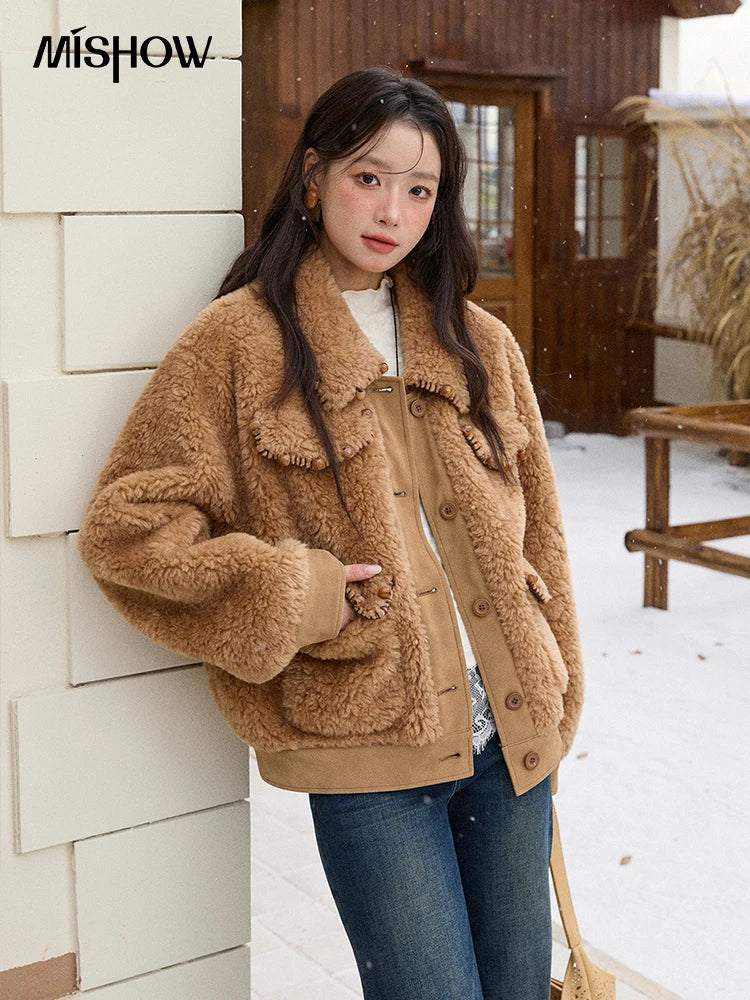 MISHOW Faux Lambskin Coat Turn-Down Collar Brown Loose MXE89W0896