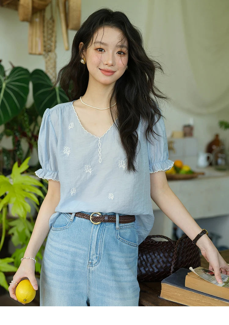 MISHOW Coral Embroidery Blouse V-Neck Puff Sleeve MXE37X1850