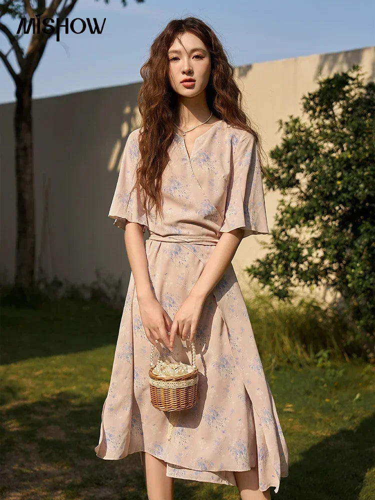 Mishow French Floral Puff Sleeve Lace-Up Dress MXC38L1413