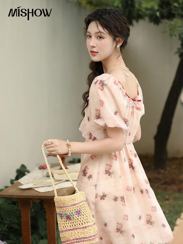 MISHOW Korean Floral Bubble Sleeve Lace-Up Dress MXD31L1924